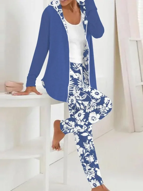 Deux Pièces Ensembles Décontracté Floral Printemps / Automne Sweat-shirt à Capuche Micro-élasticité Ample Manches Longues Droit T.-N.-L. pour Femmes