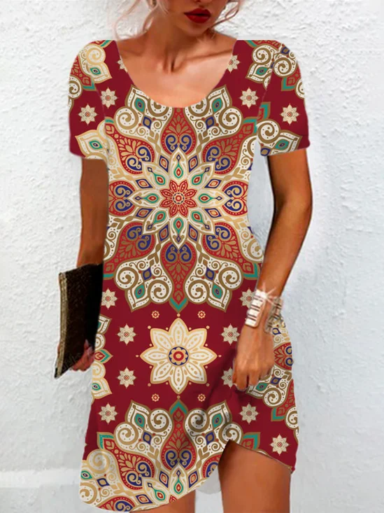 Femmes Ethnique Rouge Vineux Col Rond Confortable Mini Robe Décontracté