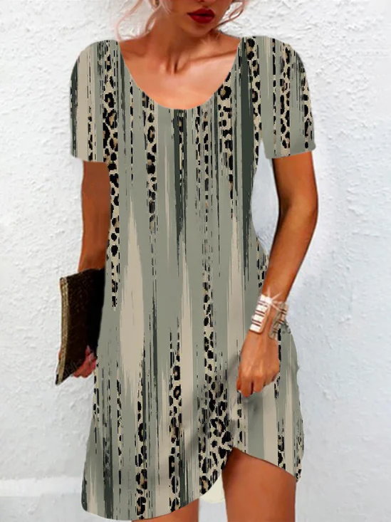 Femmes Motif Léopard Gris Col Rond Confortable Mini Robe Décontracté