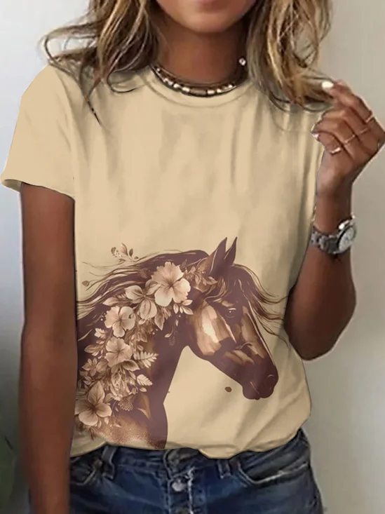 T-shirts Femmes Rétro La peinture Été Polyester Micro-élasticité Quotidien Manches Courtes Col Rond Régulier