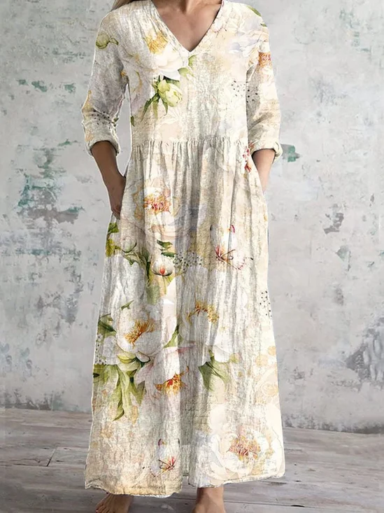 Femmes impression en 3D Comme Image Col V Confortable Robe Maxi Rétro