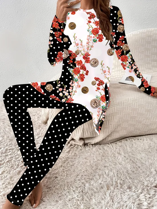 Deux Pièces Ensembles Décontracté Floral Printemps / Automne Aucune élasticité Quotidien Ample Jersey Top Avec Pantalons Régulier pour Femmes