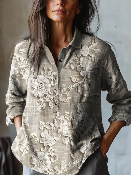 Chemises Femmes Décontracté Floral Printemps / Automne Coton Aucune élasticité Quotidien Manches Longues Régulier Col Montant