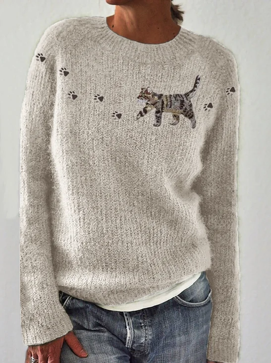 Pulls Décontracté Imprimé d'Animal Printemps / Automne Micro-élasticité Quotidien Col Rond Laine/Tricot Régulier Trapèze pour Femmes