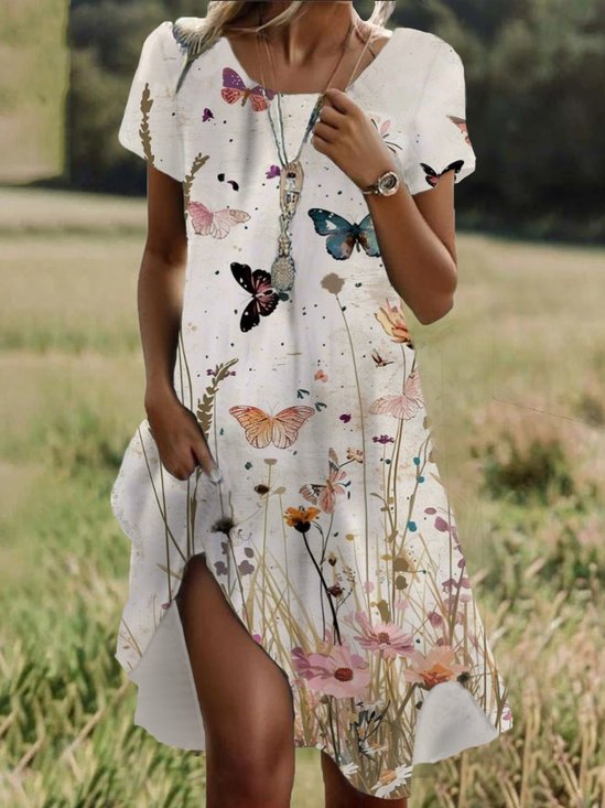 Femmes Floral Abricot Col Rond Confortable Robe Mi-Longue Décontracté