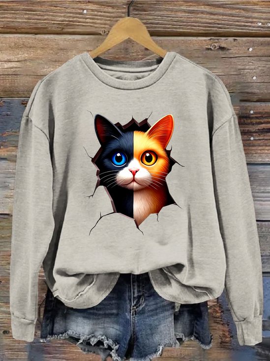Sweat-shirts Décontracté Printemps / Automne Chat Polyester Ample Profit Col Rond Régulier Régulier pour Femmes
