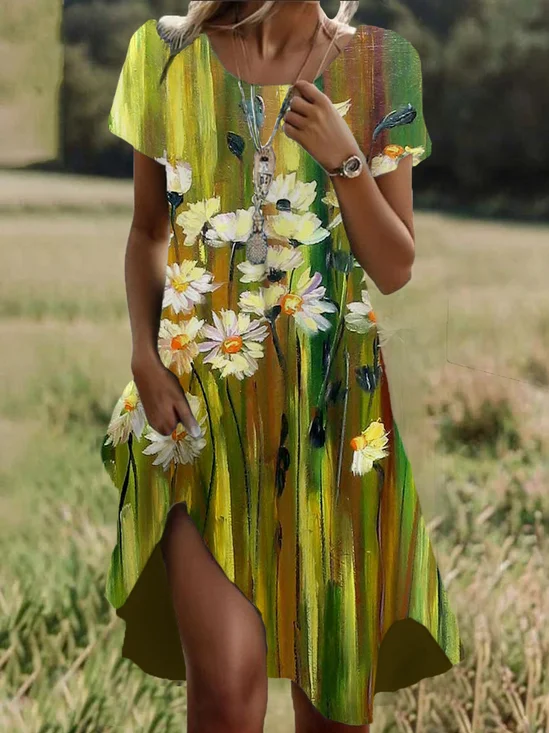 Femmes Floral Vert Col Rond Confortable Robe Mi-Longue Décontracté