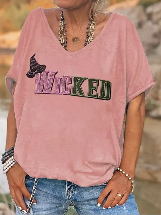 T-shirts Femmes Rétro Été Lettres de texte Polyester Col V Micro-élasticité Manches Courtes Régulier Régulier