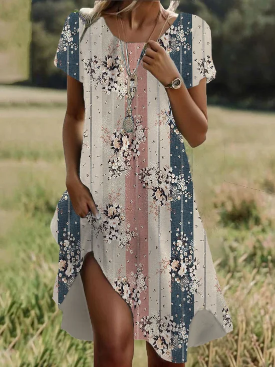 Femmes Floral Abricot Col Rond Confortable Robe Mi-Longue Décontracté