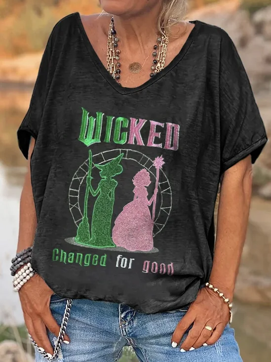 T-shirts Femmes Rétro Été Lettres de texte Col V Micro-élasticité Quotidien Ample Manches Courtes Régulier