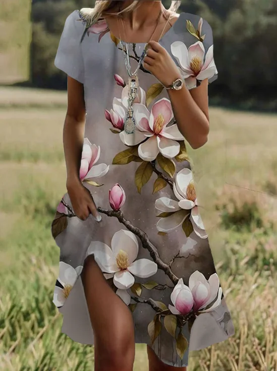 Femmes Floral Gris Col Rond Confortable Robe Mi-Longue Décontracté