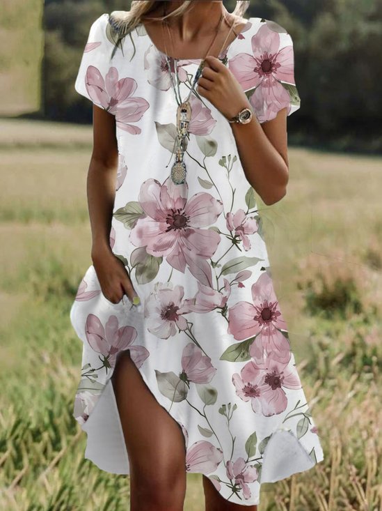 Femmes Floral Blanc Col Rond Confortable Robe Mi-Longue Décontracté