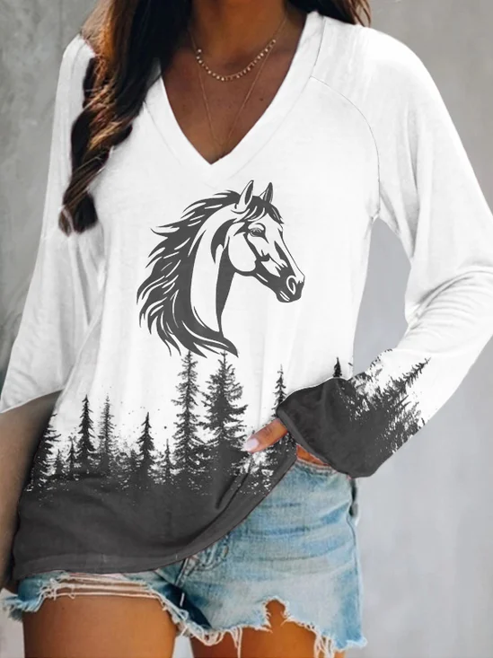 T-shirts Rétro Imprimé d'Animal Printemps / Automne Polyester Micro-élasticité Quotidien Coupe Régulière Manches Longues Régulier pour Femmes