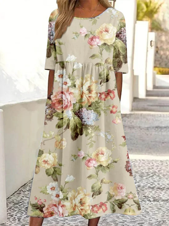 Femmes impression en 3D Kaki Clair Col Rond Confortable Robe Maxi Rétro