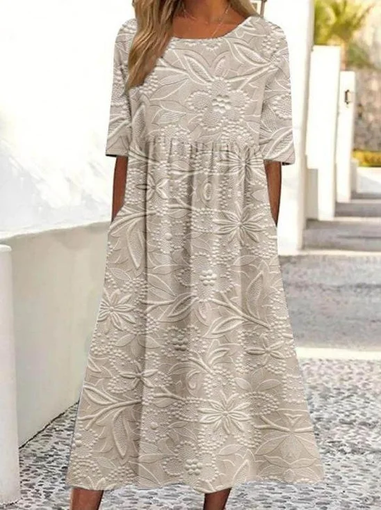 Femmes impression en 3D Brun Col Rond Confortable Robe Maxi Rétro