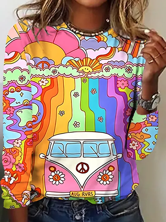 T-shirts Décontracté La peinture Printemps / Automne Micro-élasticité Ample Manches Longues Col Rond Régulier Régulier pour Femmes
