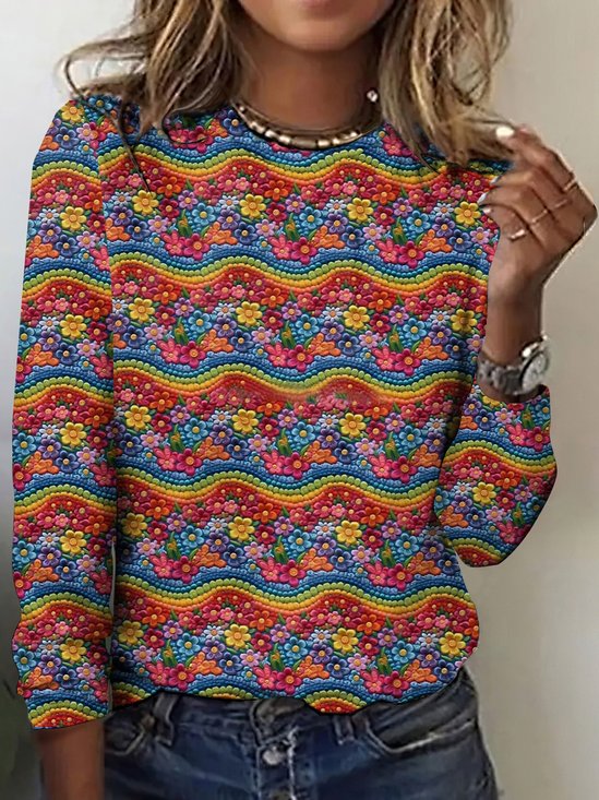 T-shirts Rétro Printemps / Automne Plaid Coton Micro-élasticité Col Rond Régulier Trapèze Régulier pour Femmes