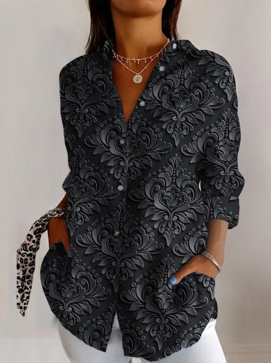 Chemises Géométrique Décontracté Printemps / Automne Polyester Micro-élasticité Manches Longues Régulier Trapèze Col de Chemise pour Femmes