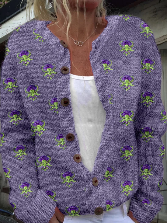 Cardigans Décontracté Floral Printemps / Automne Col Montant Micro-élasticité Quotidien Ample Laine/Tricot Régulier pour Femmes