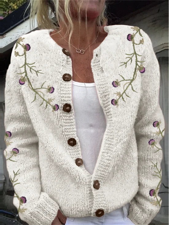 Cardigans Femmes Décontracté Floral Printemps / Automne Col Montant Micro-élasticité Quotidien Ample Laine/Tricot Trapèze