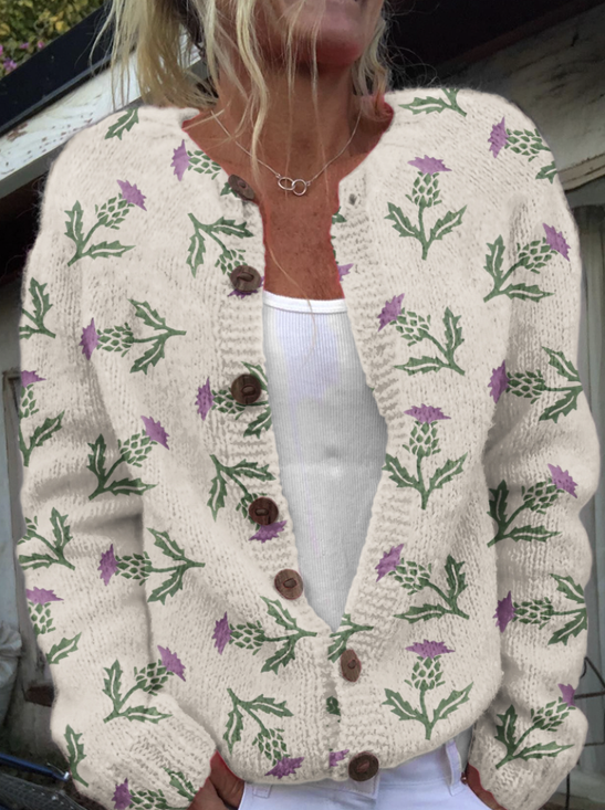 Cardigans Décontracté Floral Printemps / Automne Col Montant Micro-élasticité Quotidien Ample Régulier Régulier pour Femmes