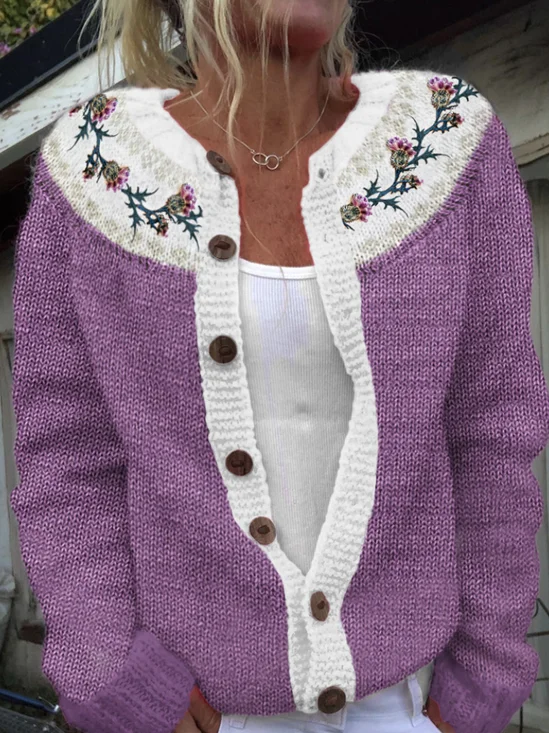 Cardigans Femmes Décontracté Floral Printemps / Automne Col Montant Micro-élasticité Ample Manches Longues Laine/Tricot Trapèze