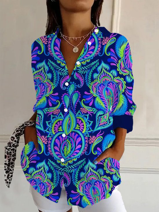 Chemises Femmes Décontracté Ethnique Printemps / Automne Polyester Aucune élasticité Manches Longues Régulier Col de Chemise T.-N.-L.