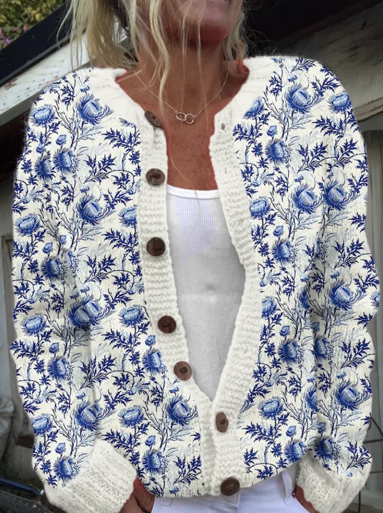Cardigans Décontracté Floral Printemps / Automne Col Montant Micro-élasticité Quotidien Manches Longues Laine/Tricot Régulier pour Femmes