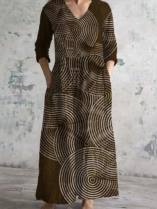 Femmes Floral Brun Col V Confortable Robe Maxi Rétro