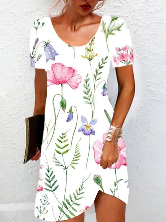 Femmes Floral Blanc Col Rond Confortable Mini Robe Décontracté