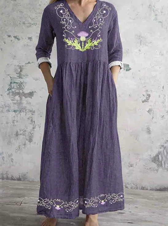 Femmes Floral Violet Clair Col V Confortable Robe Maxi Rétro