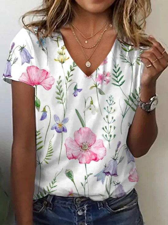 T-shirts Femmes Décontracté Floral Été Aucune élasticité Ample Manches Courtes Régulier Droit Régulier