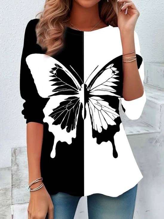 T-shirts Femmes Décontracté Printemps / Automne Papillon Ample Jersey Manches Longues Col Rond Régulier Droit
