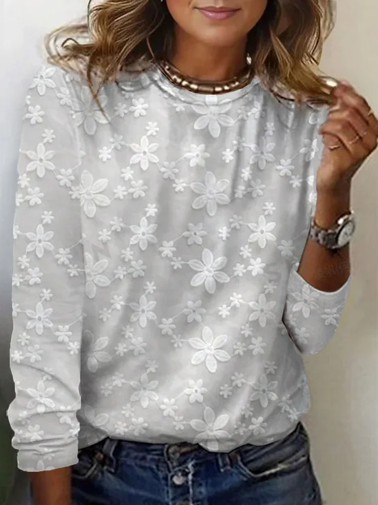 T-shirts Décontracté Floral Printemps / Automne Micro-élasticité Quotidien Jersey Manches Longues Col Rond Droit pour Femmes