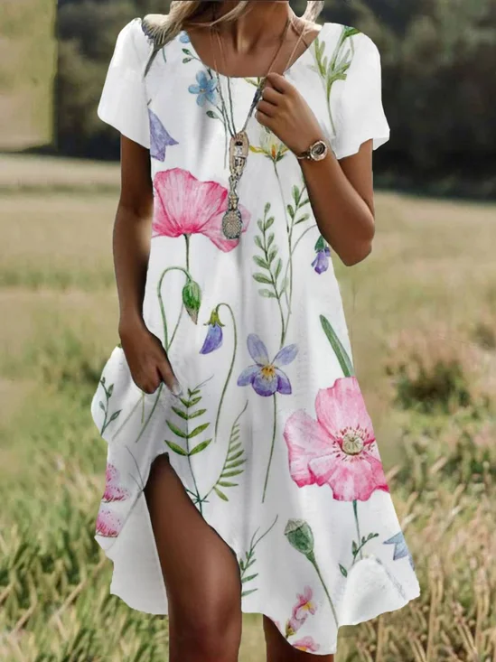 Femmes Floral Blanc Col Rond Confortable Robe Mi-Longue Décontracté