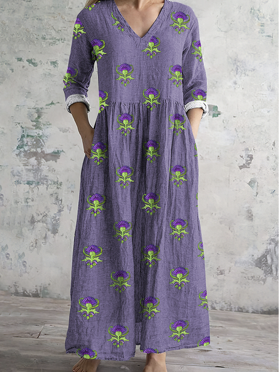 Femmes Floral Violet Clair Col V Confortable Robe Maxi Rétro