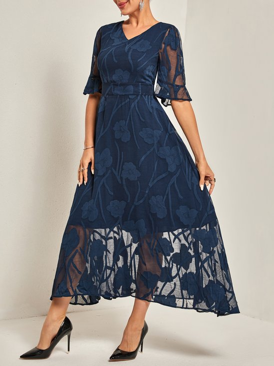 Femmes Plain Bleu Foncé Col V Confortable Robe Maxi Décontracté