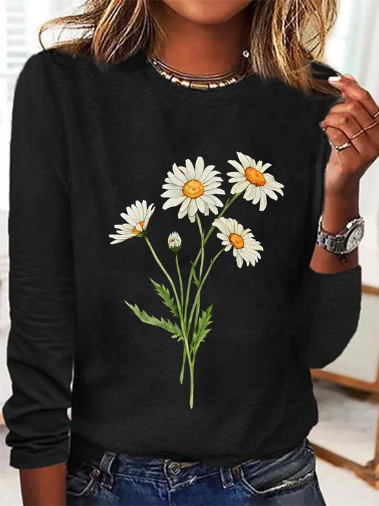 Chemisiers1 Décontracté Floral Printemps / Automne Quotidien Col Rond en Mélangé de Coton Droit Régulier Élasticité moyenne pour Femmes