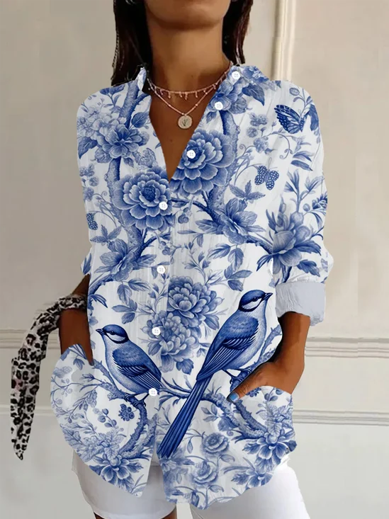Chemises Femmes Décontracté Floral Printemps / Automne Polyester Aucune élasticité Manches Longues Régulier Boucle Col de Chemise