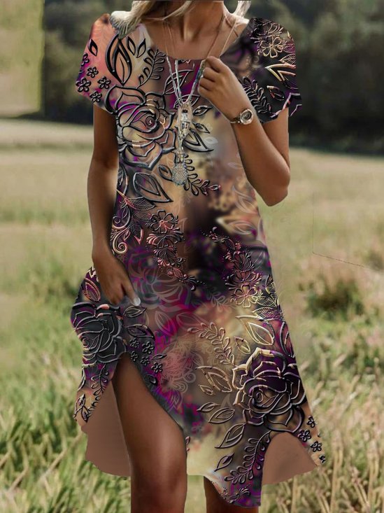 Femmes Floral Multicolore Col Rond Confortable Robe Mi-Longue Décontracté