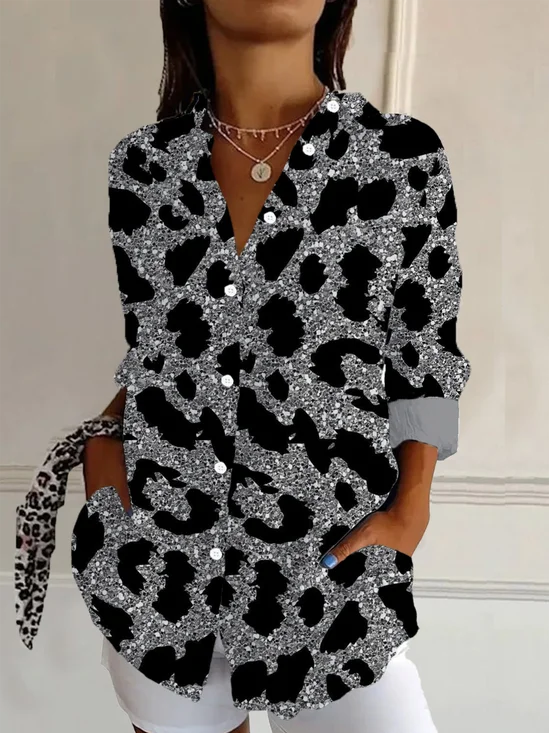 Chemises Femmes Décontracté Printemps / Automne Motif Léopard Aucune élasticité Manches Longues Droit Boucle Col de Chemise T.-N.-L.
