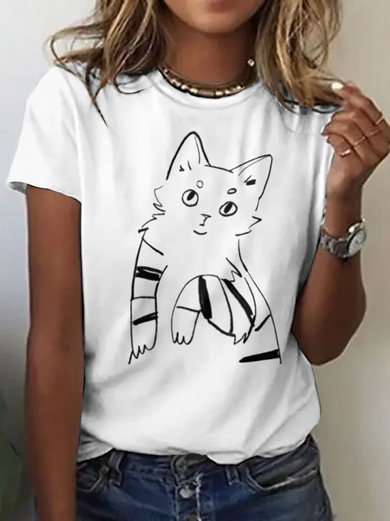 T-shirts Rétro Plain Été Coton Micro-élasticité Coupe Régulière Col Rond Trapèze Régulier pour Femmes