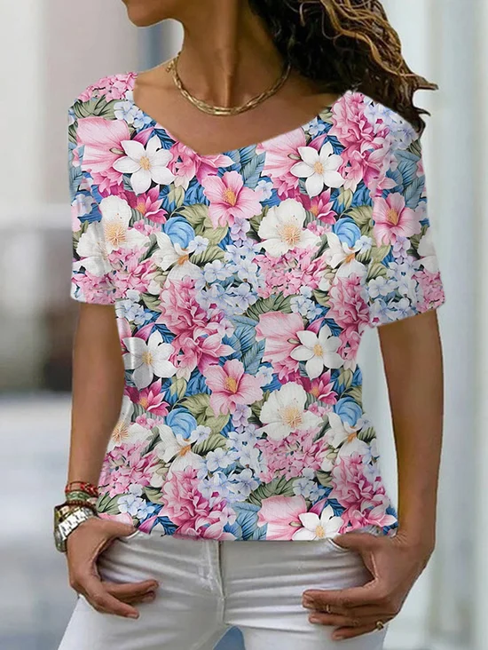 T-shirts Décontracté Floral Été Aucune élasticité Ample Jersey Manches Courtes Droit T.-N.-L. pour Femmes