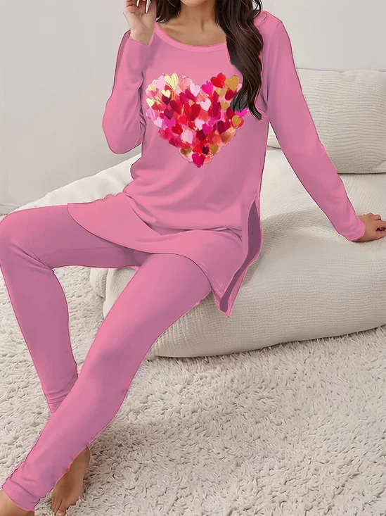 Deux Pièces Ensembles Femmes Décontracté Printemps / Automne Coeur/cordé Naturel Aucune élasticité Jersey Col Rond Top Avec Pantalons Régulier