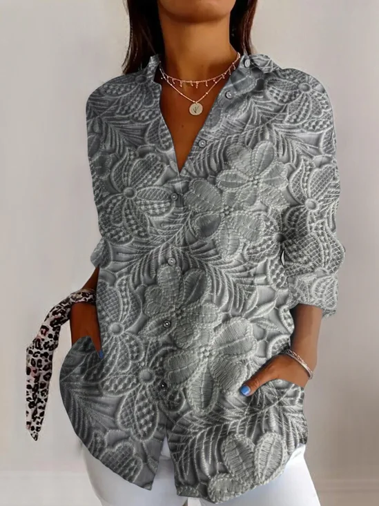 Chemises Géométrique Décontracté Printemps / Automne Polyester Micro-élasticité Coupe Régulière Manches Longues Trapèze Col de Chemise pour Femmes