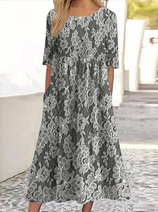 Femmes Floral Noir Col Rond Confortable Robe Maxi Décontracté