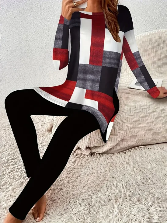 Deux Pièces Ensembles Femmes Décontracté Printemps / Automne Plaid Imprimé Jersey Manches Longues Col Rond Top Avec Pantalons Régulier