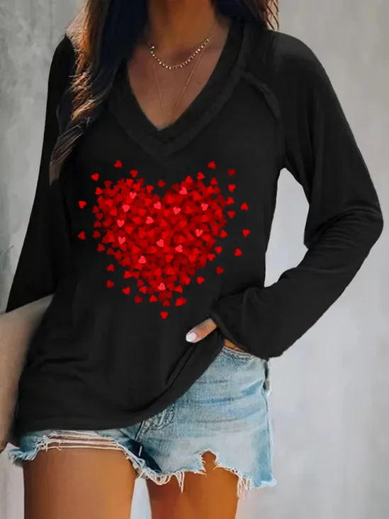 T-shirts Décontracté Printemps / Automne Lettres de texte Coton Col V Manches Longues Régulier Droit Régulier pour Femmes