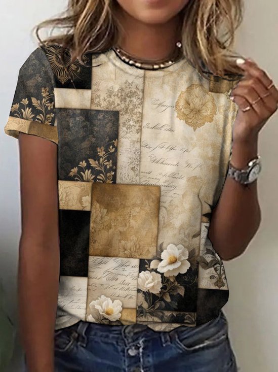 T-shirts Géométrique Rétro Été Micro-élasticité Quotidien Coupe Régulière Manches Courtes Col Rond Régulier pour Femmes
