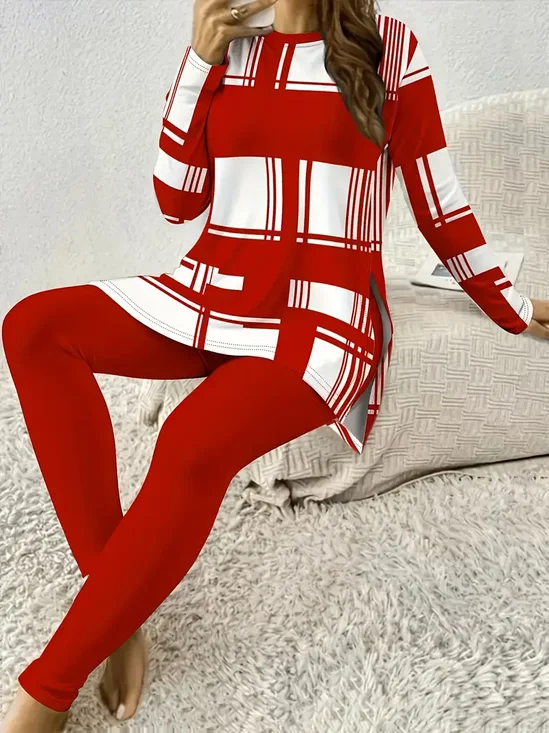 Deux Pièces Ensembles Femmes Décontracté Printemps / Automne Plaid Imprimé Naturel Quotidien Manches Longues Col Rond Top Avec Pantalons